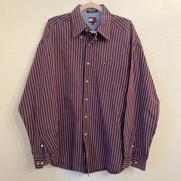 Vintage Tommy Hilfiger Shirt Mens XL 90s Button Down Navy Red Vertical Stripe - Picture 2 of 12